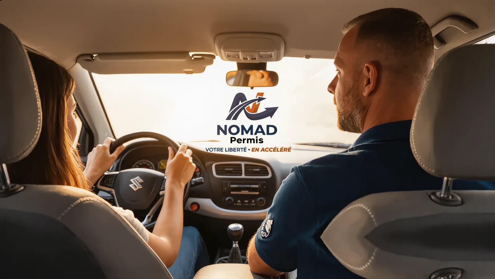 Élève au volant avec son moniteur, Suzuki Swift NOMAD Permis